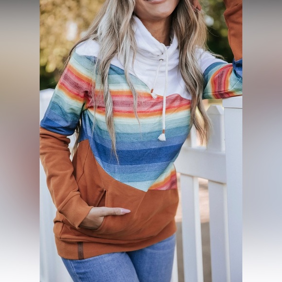 AMPERSAND AVE Tops - Ampersand Ave SingleHood Colourblock Rainbow Hooded Sweatshirt